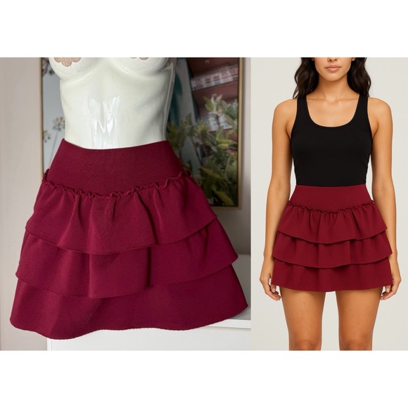 No Comment Burgundy Wine Red Tiered Ruffle Raw Edge Mini Skort Skirt Size XL - Picture 1 of 9
